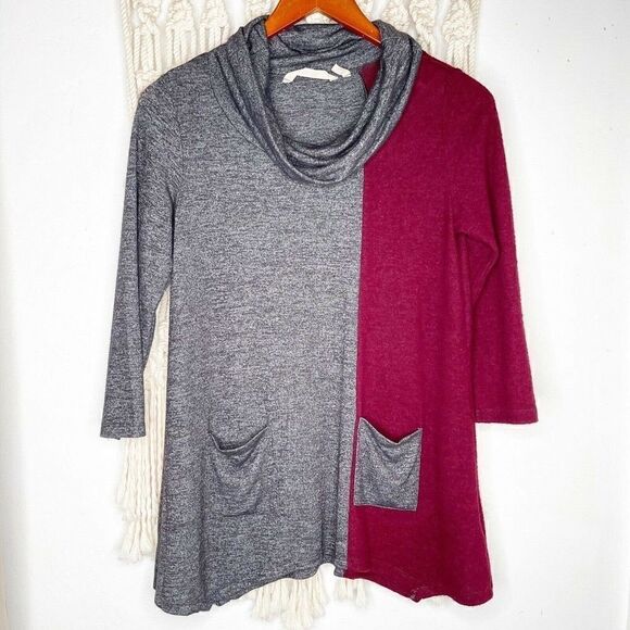 Soft Surroundings Cowl Neck Tunic SZ XS Gray Red Top Fall Capsule Wardrobe - Picture 1 of 9